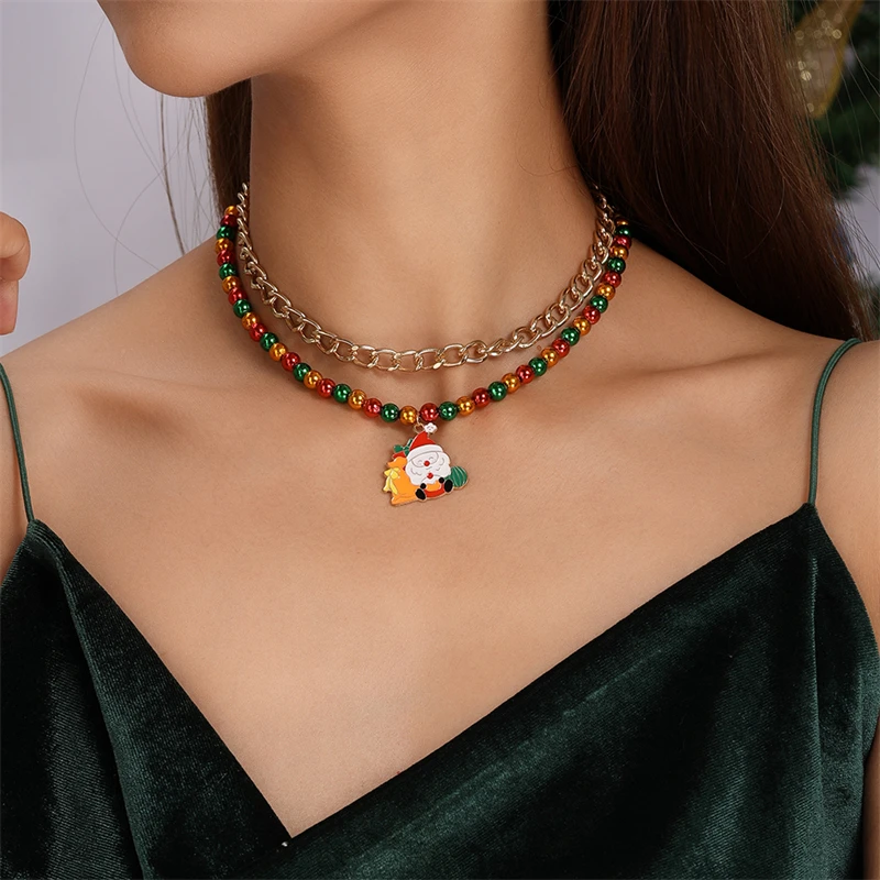 Modische handgefertigte Perlenkette für Damen, Weihnachtsanhänger mit Weihnachtsmann und Weihnachtsbaum, Halsketten für Mädchen, Neujahrsfest-Schmuck, Geschenke – Detail 21
