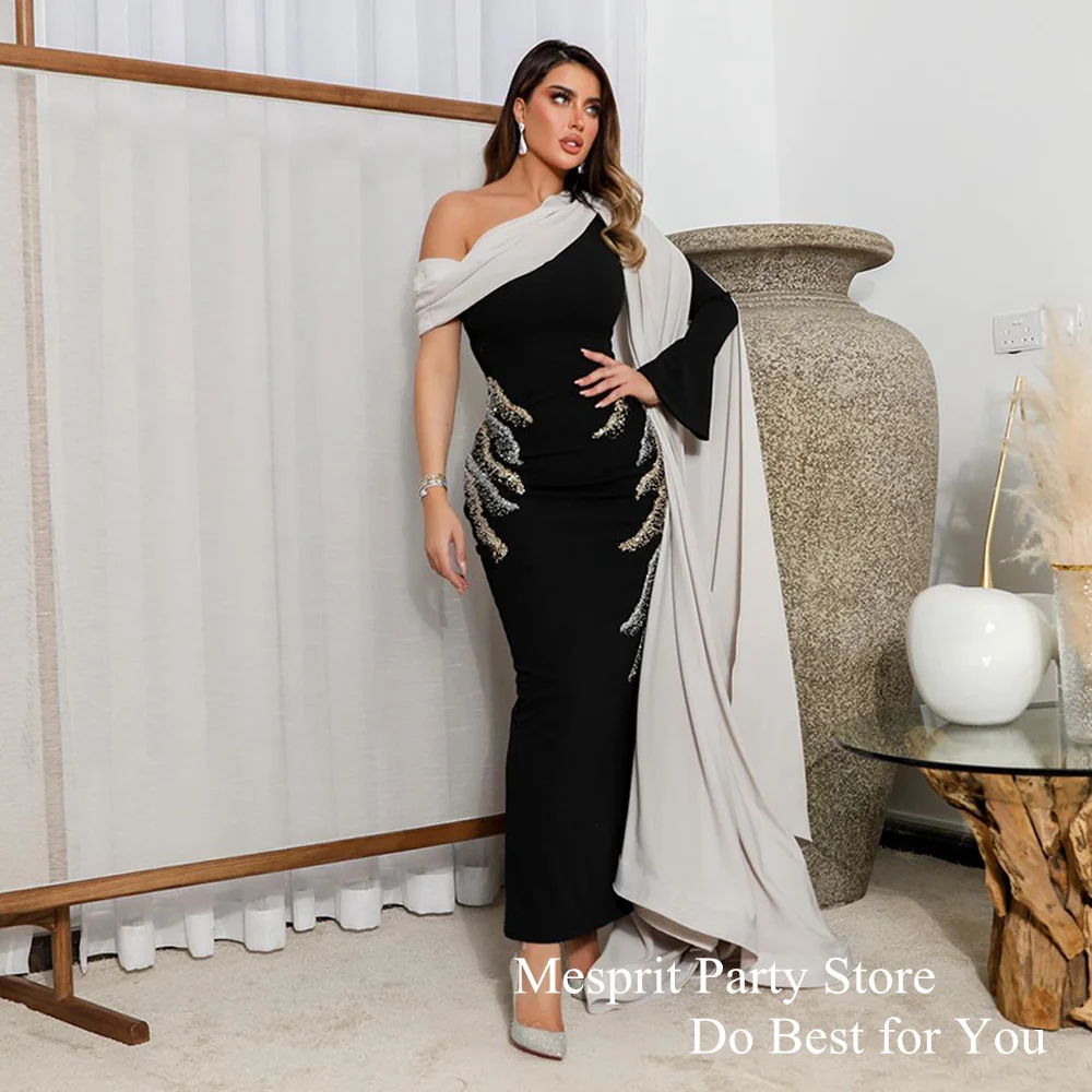 

Charming Prom Dress Silver Gold Beading One Shoulder Long Sleeve Ankle Length Mermaid Black Evening Dresses Saudi Party Gown