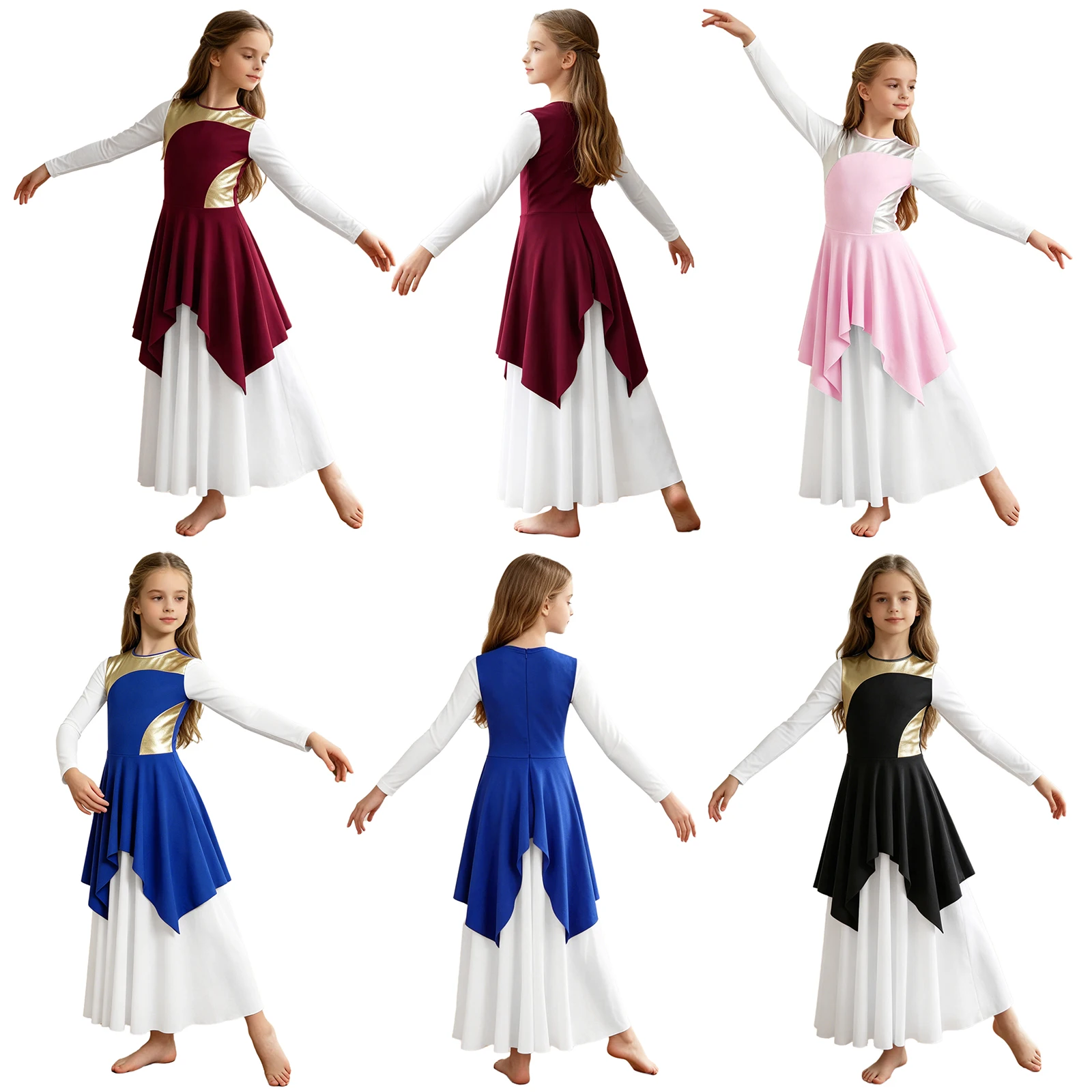 Kids Girls Praise Lyrical Dance Dress Liturgical Worship Church Choir Robe Long Sleeve Zipper Metallic Patchwork Gown Dancewear