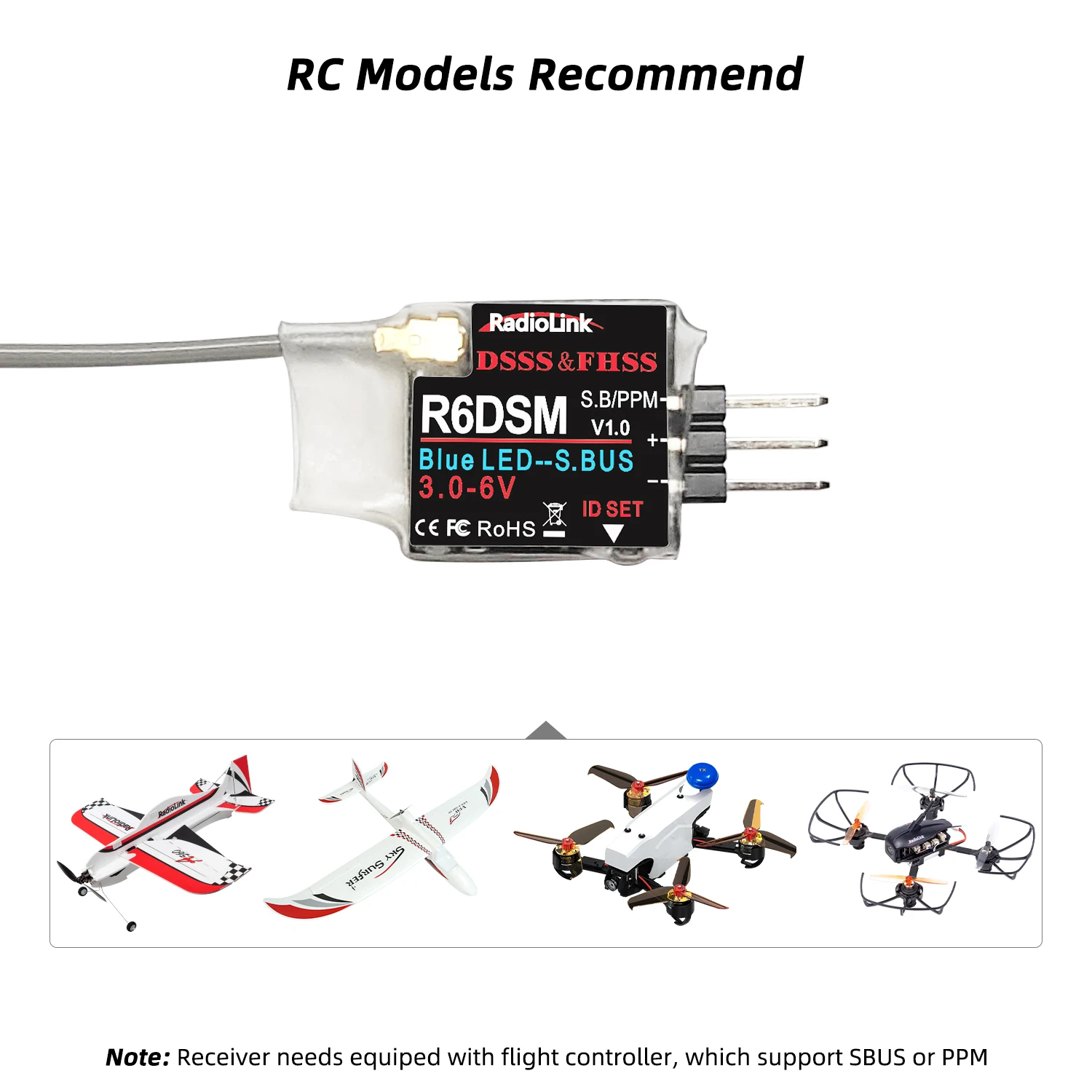 Radiolink R6DSM 2.4G 10CH RC Transmitter Receiver Mini Size SBUS/PWM Suitable for Racing Drones Compatible for AT9S/AT10/AT10II