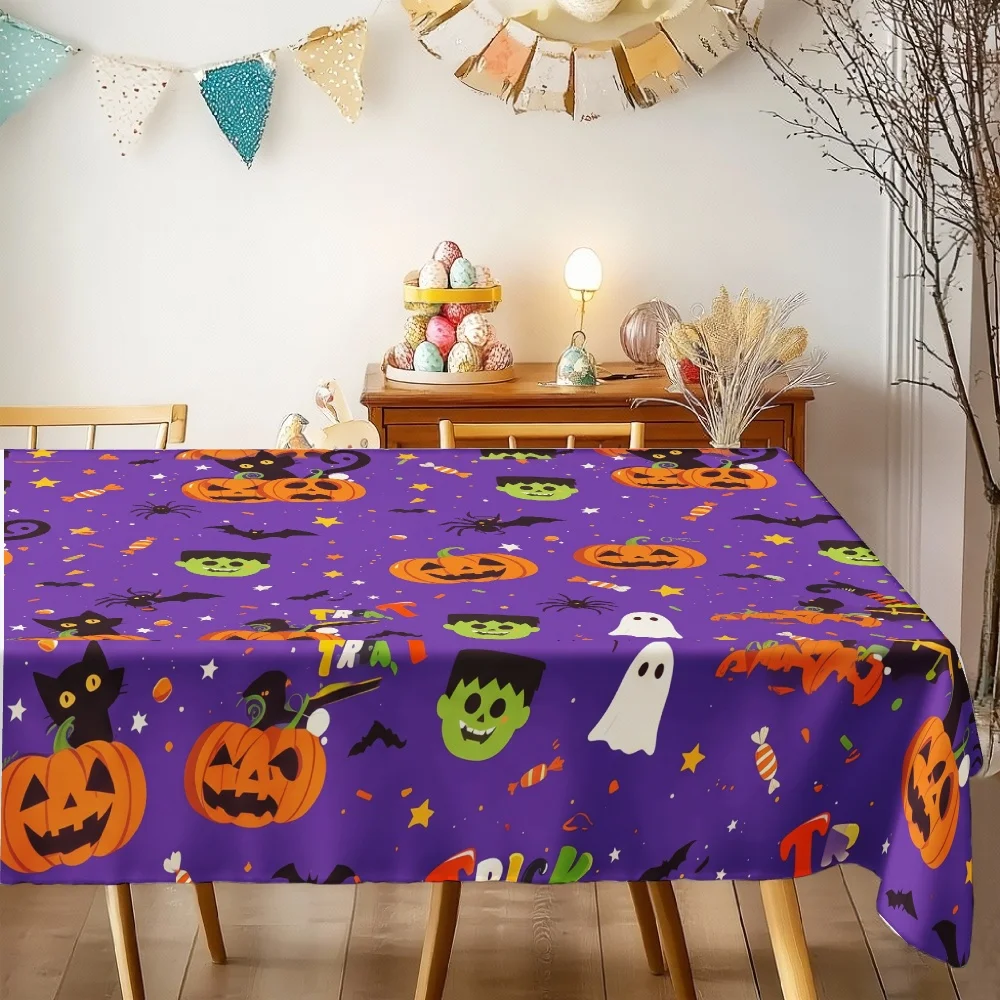 Halloween Rectangle Table Cover Cartoon Monster Bat Spider Table Cloth Reusable for Wedding Party Halloween Table Decoration