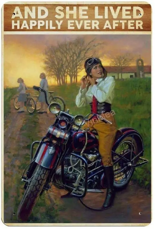 and She Lived Happily Ever After Girl Biker Novelty Parking Retro Metal Tin Sign Plaque Poster Wall Decor Art Shabby Chic G sign