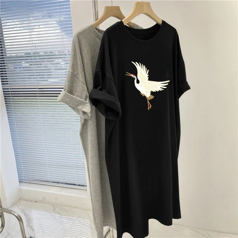 Odzież damska O-neck Basic Tunic Printed Short Sleeve Fashion Vintage Loose Dress Female Vacation Pullover Daily Casual Dresses