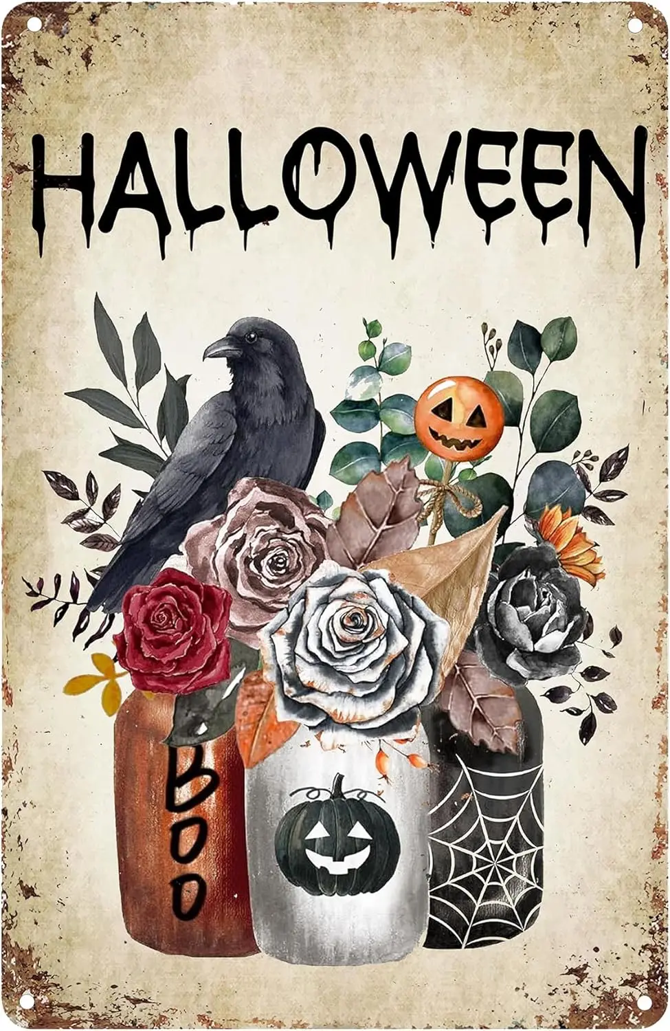 Vintage Tin Sign Halloween Flowers Crow Pumpkin Mason Jar Metal Sign Halloween Wall Art Decor Sign for Home Club Bar Garage Wall