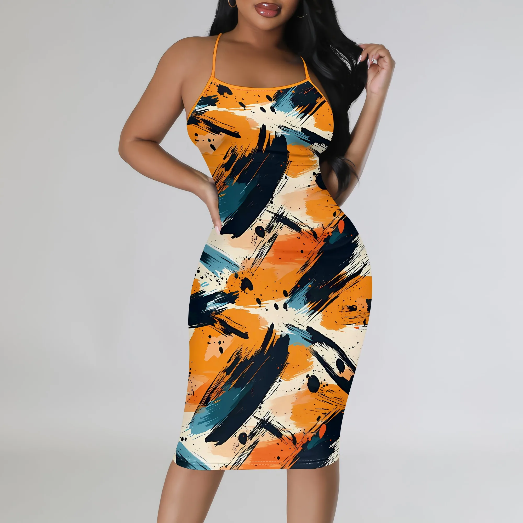 

Nupusa Abstract Brush Print Dress for Women Summer Casual Spaghetti Strap Bodycon Midi Dress
