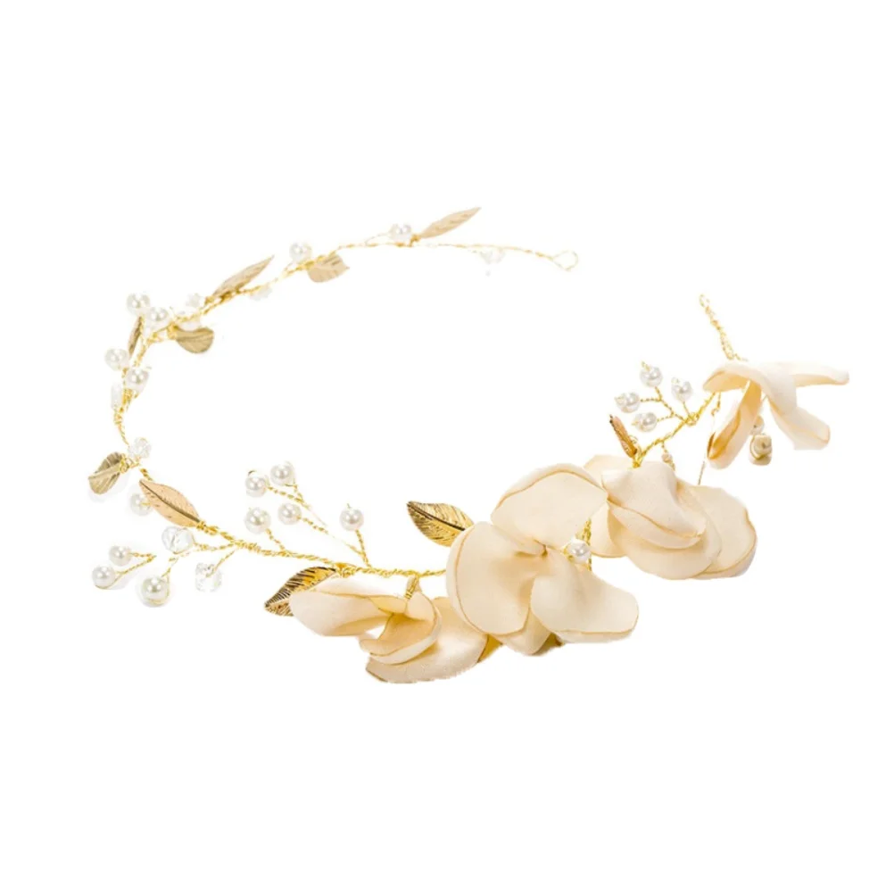 Cloth Flower Pearl Headband Golden Leaves Elegant Bridal Hair Accessory Wedding Party Prom Headdress Wedding Headband