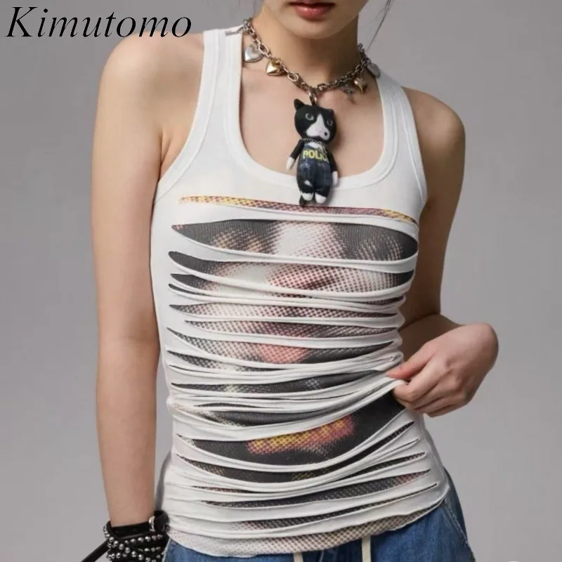 

Kimutomo топы на бретелях женские с рисунком кота Y2k нерегулярные отверстия тонкие винтажные уличные топы камзол модный Harajuku гранж готический жилет