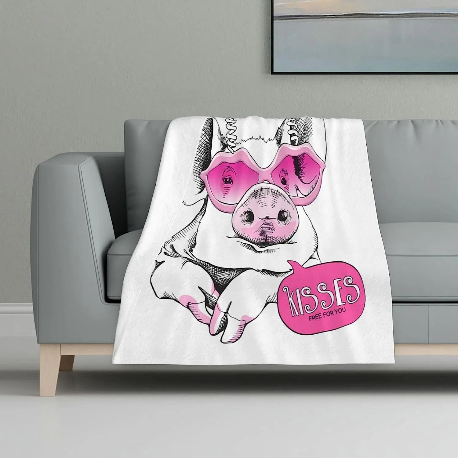 Cute Pig Woollen Blanket in A Pink Lips Sunglasses Kisses Free for You Lettering Quote Super Soft Blanket for