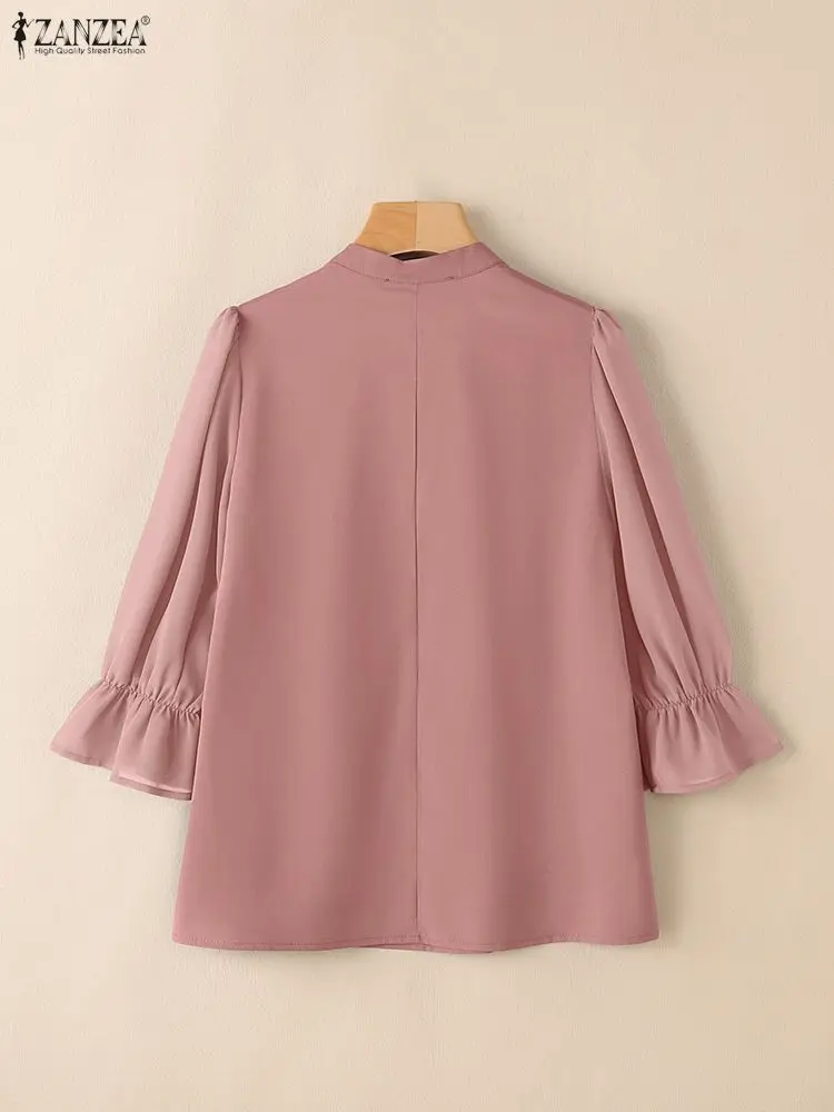 ZANZEA بلوزات نسائية أنيقة أنيقة بياقة الماندرين وتفاصيل مطوية 3/4 كم منتفخ نصف بلاكيت بلون واحد قطع علوية للسيدات S-3XL #2