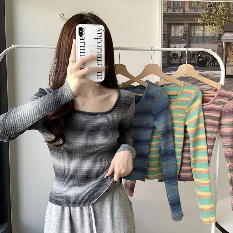 

Женская длинная трикотажная футболка Sve Slim Fit в полоску с базовым слоем irt в Корейском стиле для поездок на работу, цветной квадратный воротник