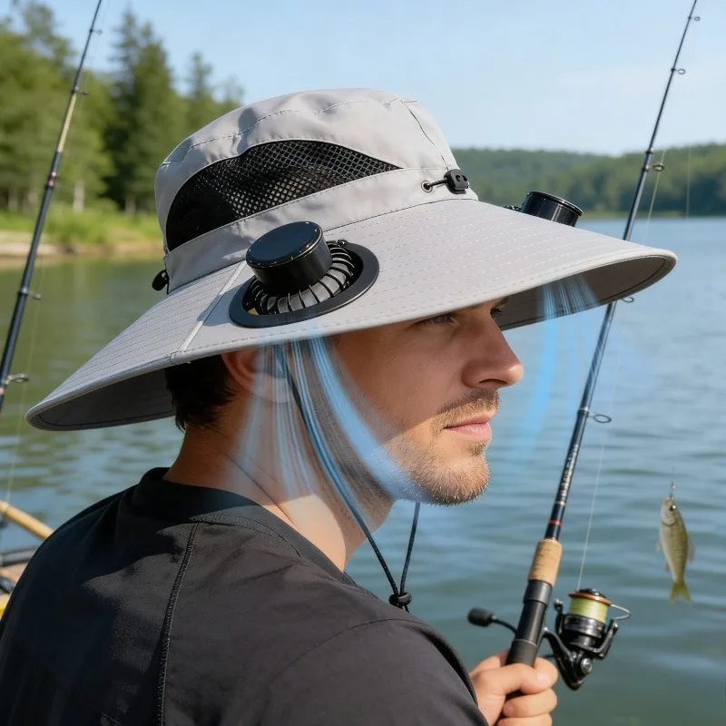 Chapéu de Verão com Ventilador Solar e Proteção UV, Portátil para Pesca, Caminhada e Acampamento