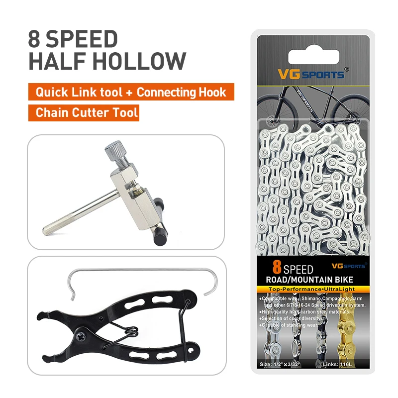 Cadena de Bicicleta VG Sports de 8, 9, 10 y 11 Velocidades, Cadena de Bicicleta de Montaña y Carretera EL Half Hollow MTB de 8s, 9s y 10s con Herramienta, Piezas de Bicicleta