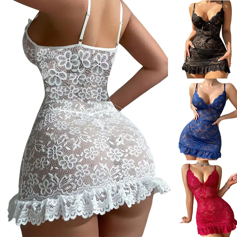 Delicate Lingerie Sexy Crotchless Nightdress Hollow Bra Panties Set Erotic Lace Underwear Woman Sexy Nightie Nightgown