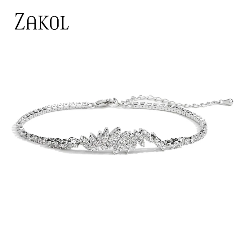 ZAKOL Luxury Water Drop Bracelets for Women Classic Round Cubic Zircon White Gold Color Bangle Flower Wedding Party Jewelry