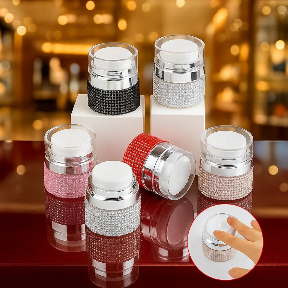 

15ml Cosmetic Cream Bottle Luxury Rhinestone Empty Jar Cream Lotion Jar Press Type Refillable Face Cream Dispenser