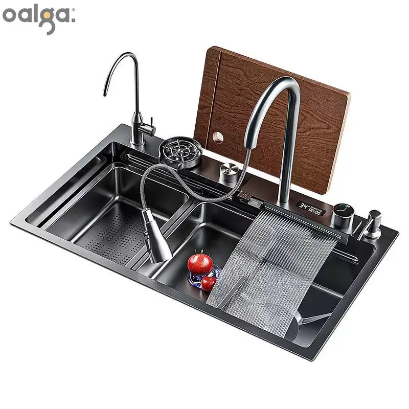 

Digital Display Waterfall Sink Multifunctional Stainless Steel Large Single Kitchen Accessories Gourmet Faucet Kitchen Sinks