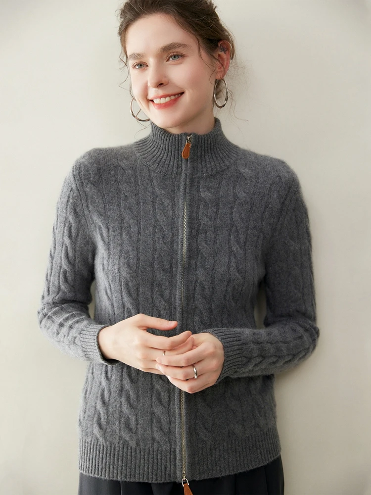 

Yoyoselect 100% Cashmere Women's Mock Neck Cardigan Autumn Winter Zipper Sweater Soft Warm Clothing Chic Cozy Female Jacket