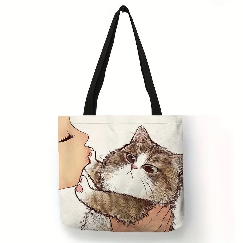 Niedliche Einkaufstasche mit Cartoon-Katzen-Aufdruck, Umhängetasche mit großem Fassungsvermögen, lässige Damenhandtasche für den Einkauf in der Arbeit, in der Schule – Detail 7