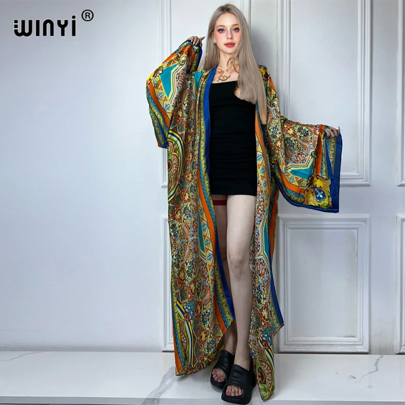 WINYI Kimono Women Bohemia print Long Sleeve Cardigan Female Blouse Loose abaya beachwear Cover Up boho dress party kaftan