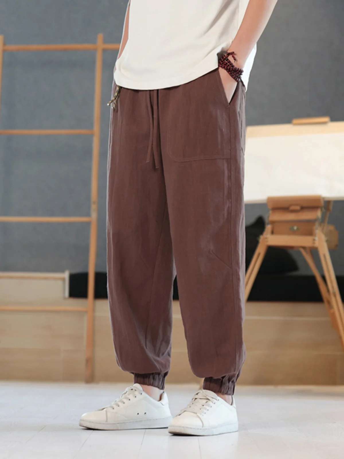 

Летние мужские повседневные свободные брюки-шаровары из тонкого льняного хлопка, дышащие, с эластичным поясом, в стиле карго, молодежные, Vitali Sle