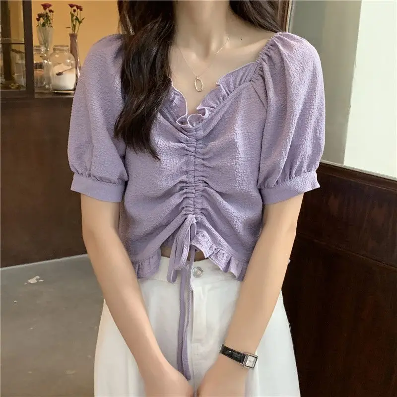 

Fashion V-Neck Spliced Ruffles Shirring Bow Puff Sleeve Blouse Female Clothing 2023 Summer New Casual Pullovers Sweet Shirt