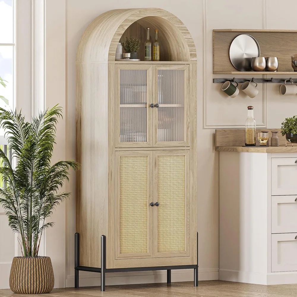 

"Tall Bohemian Arched Kitchen Pantry Cabinet with 5-Tier Wooden Storage and Rattan Reeded Glass Door"