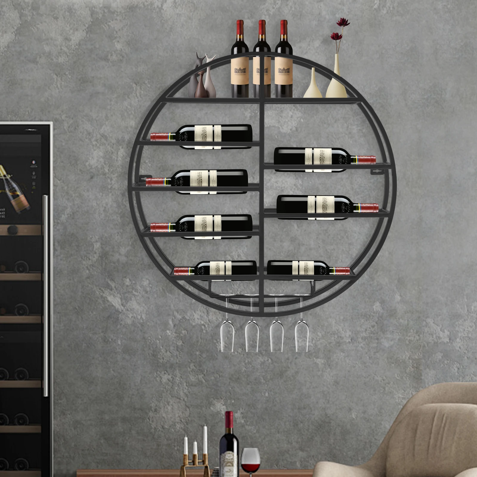 

Modern Iron Baking Paint Round Wall-mounted Wine Rack, 7-Tier Storage with 4 Glass Hanging Rail, for Living Room/Dining Room/Bar