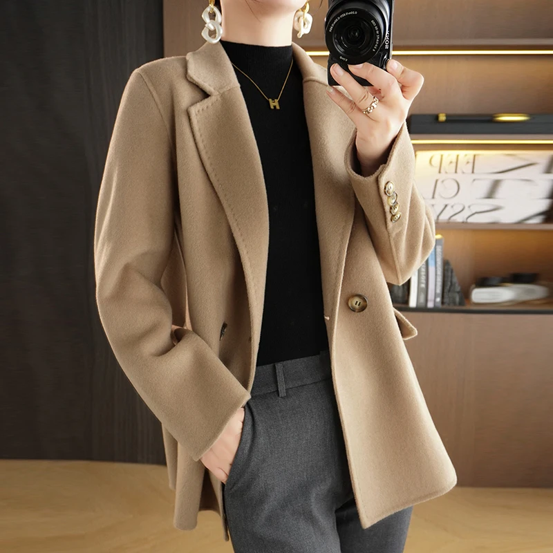 Autumn Winter New Double Sided Woolen Coat Women's Polo Collar Long Sleeve 100 Pure Wool Pocket Minimalist Temperament Wool Coat