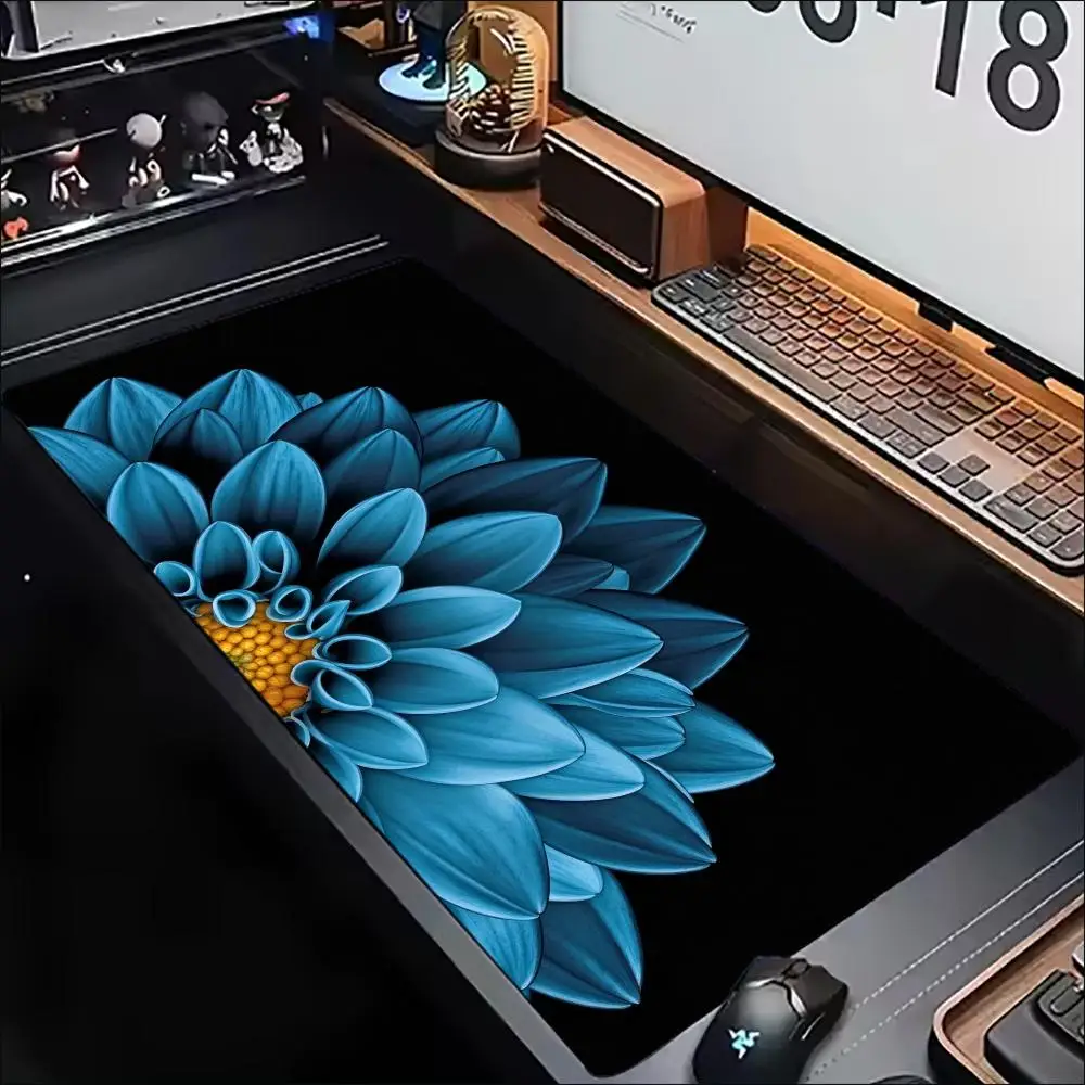 Big Mouse Pad Gaming Blue Chrysanthemum Flower Dark Floral Anti Slip Rubber Backing Durable Stitched Edges for Animal Friends