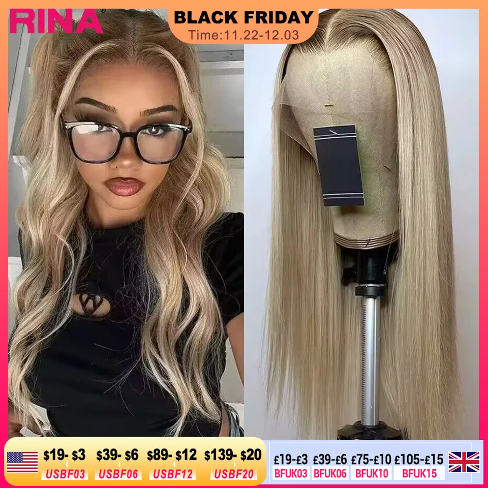 Brown Root Ash Blonde Straight 13X4 13x6 Lace Frontal Human Hair Wigs Transparent Lace 180 Density Ombre Blonde 5x5 Lace Closure