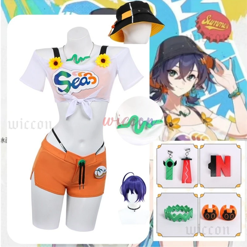 

Zenless Zone Zero Belle Cosplay Costume Wig Swimsuit Summer Outfit Hat Shorts Bikini Women Girls Halloween Party Role Play Suit
