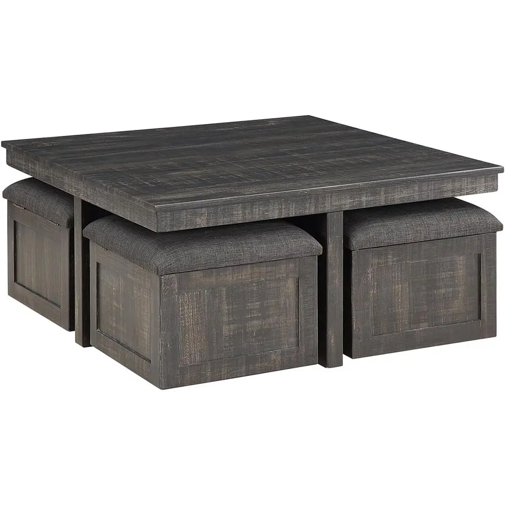 

38 W Distressed Gray Oak Square Coffee Table with Faux Concrete Top – Industrial Modern Living Room Centerpiece with Storage Sto