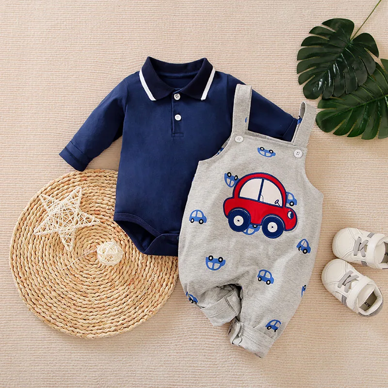 0-18m Newborn Clothing Cute Cartoon Car Cotton Soft Spring And Autumn Long Sleeved Baby Triangle Jumpsuit+StrapPantsTwoPiece Set