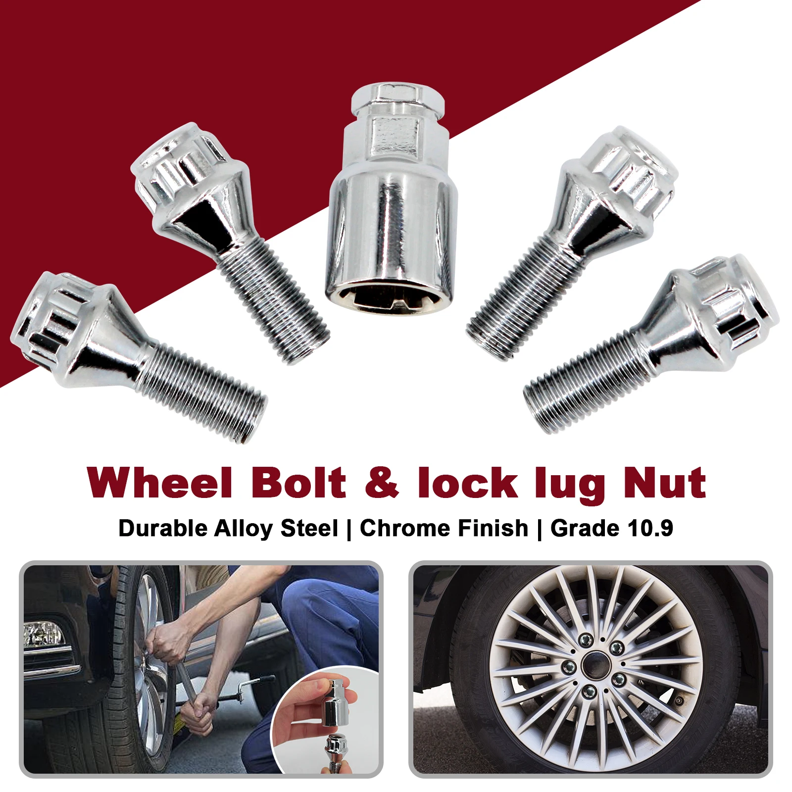 Wheel Bolts Locking Lug Nuts M12 x 1.5 with Locks Key For BMW MINI Vauxhalls Nissan Chrome Alloy Wheel Lug Stud & Taper Seat