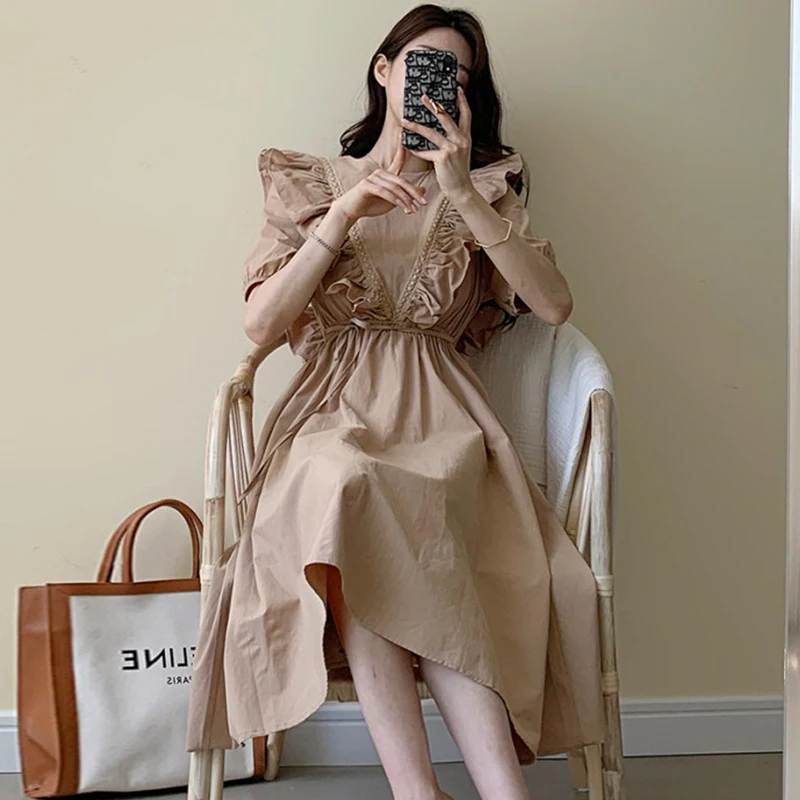 فستان صيفي أنيق بتصميم كلاسيكي، ياقة مستديرة، أكمام فقاعية، خصر مربوط، أسلوب كوري، فستان طويل بخصر مرتفع للنساء. #1