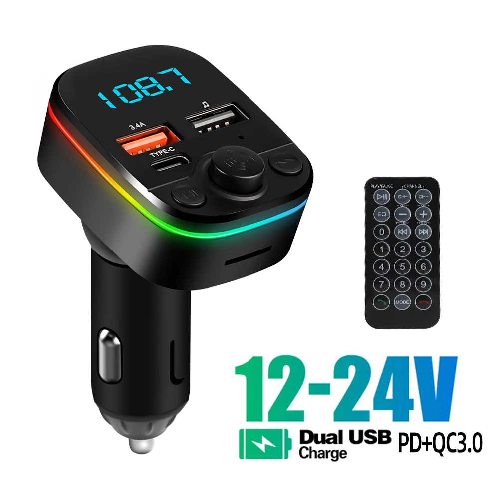 Trasmettitore FM Bluetooth 5.0 Auto Con Ricarica Rapida QC3.0+PD20W E LED 7 Colori