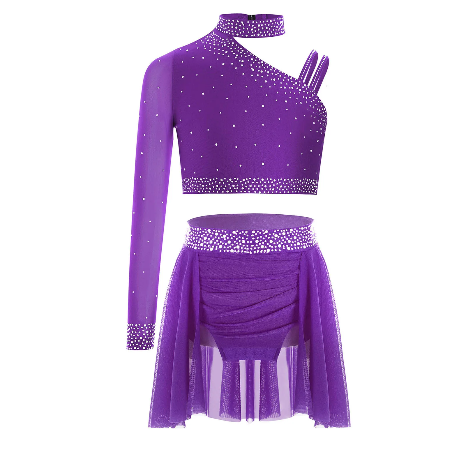 

Kids Girls Jazz Dance Outfit Unique Irregular Shoulder Sparkly Rhinestones Crop Top with Skirt Set for Gymnastics Figure Skating