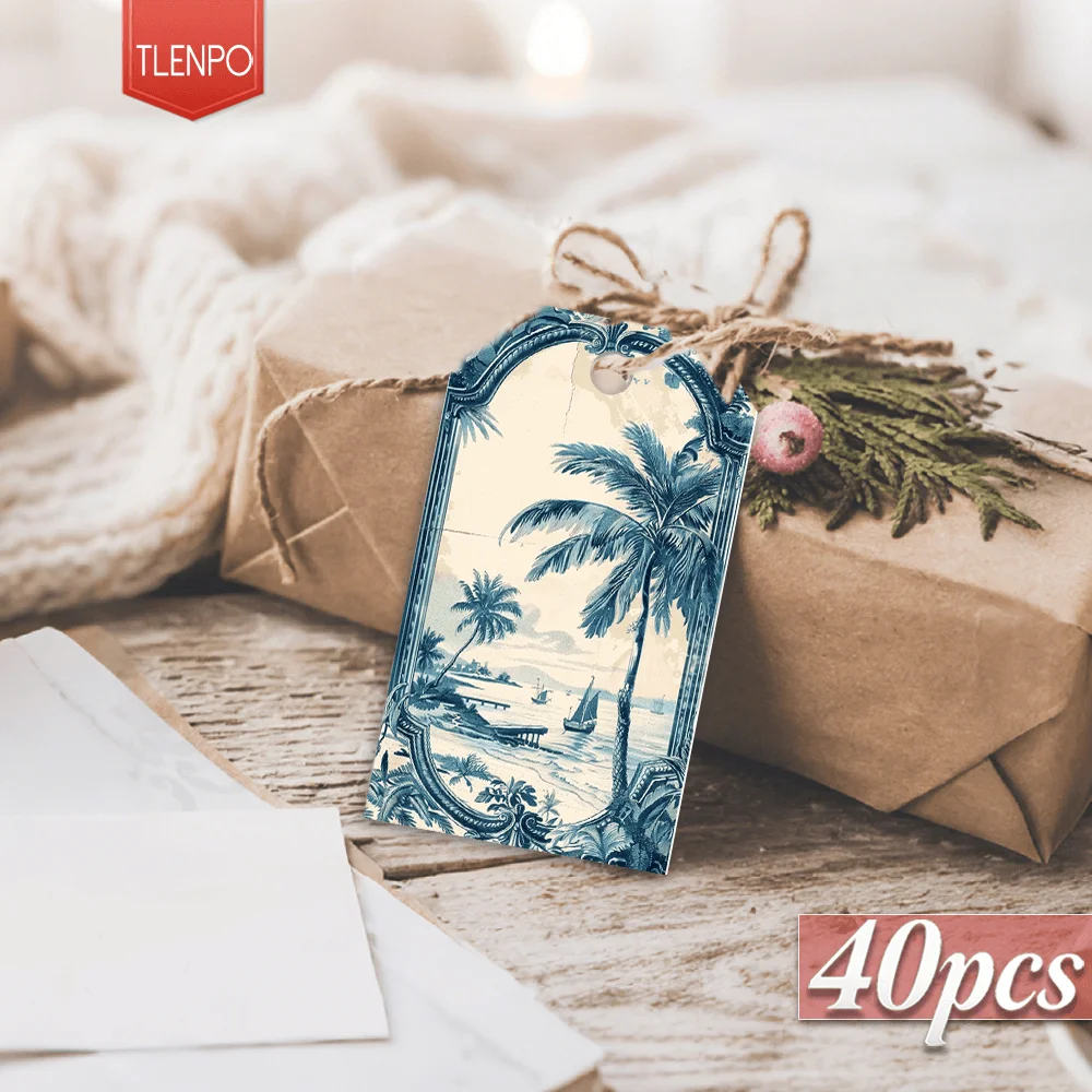 40pcs, Gift Tags, Blue Coastal Palm Nautical Art, Hanging Paper Labels for Gift Wrapping, Holiday Party Decor with String