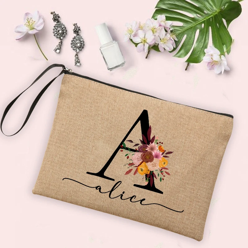 Borsa Cosmetica Personalizzata con Iniziali e Nome, Pochette in Lino per Damigelle, Organizer da Viaggio per Toilette, Regali di Nozze