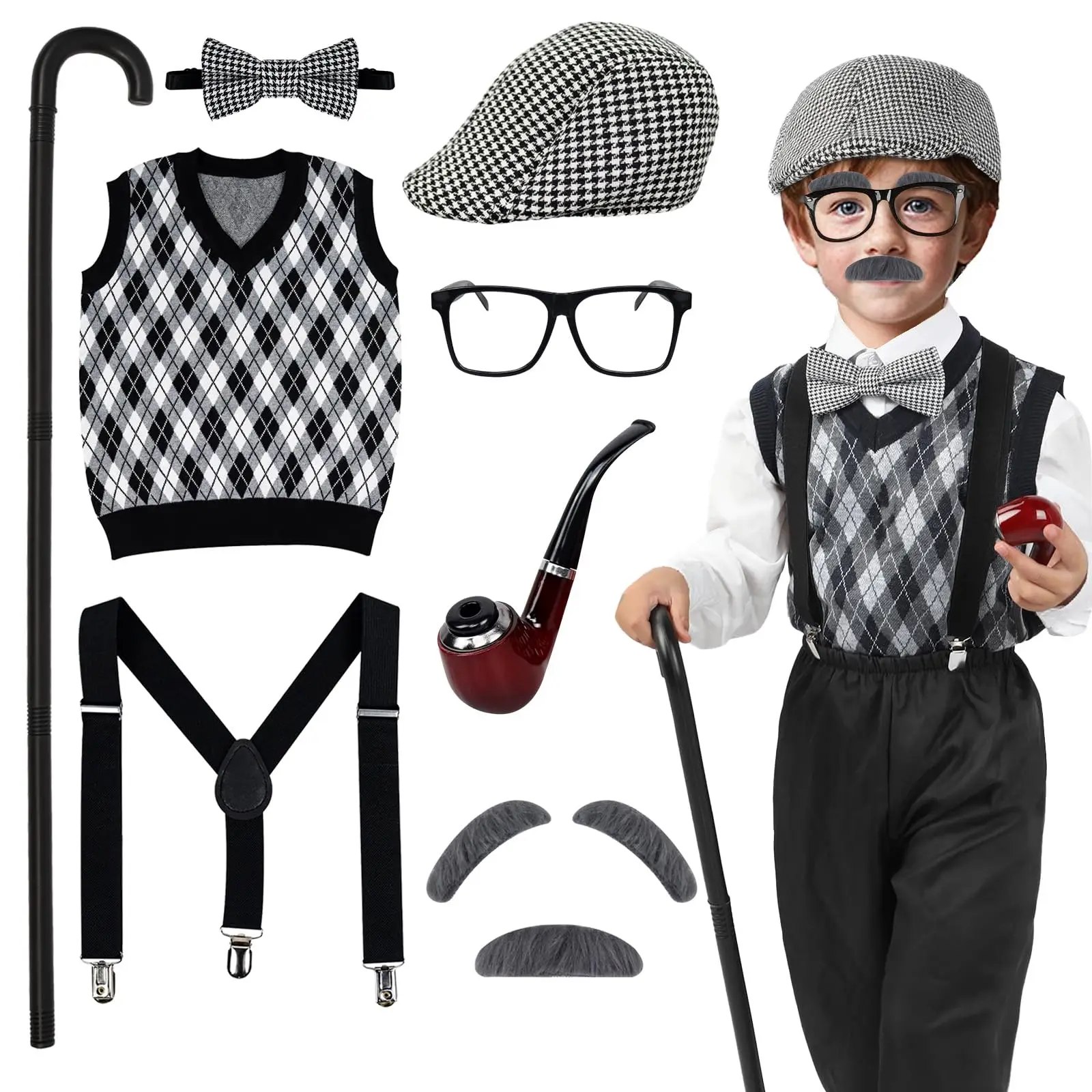 

Old Man Costume Kids Boys 100 Days of School Costume Grandpa Halloween Cosplay Costume Old Man Dress up Outfit Accessories