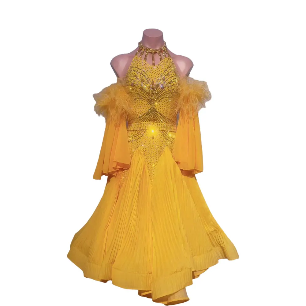 

Modern Dance Ballroom Competition Women's High-end Custom Yellow Big Skirt Rumba Performance Costume Rhinestone dress