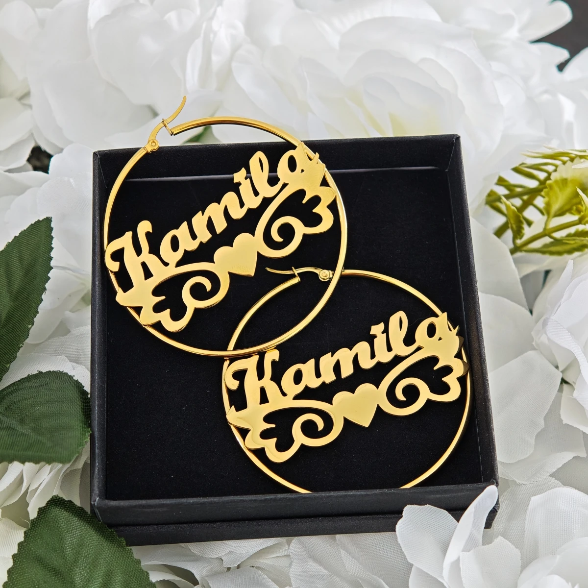 Pendientes redondos con forma de corazón y nombre personalizado, acero inoxidable dorado de 18 quilates para adultos, niños, mujeres, niñas, regalo de cumpleaños para el regreso a la escuela