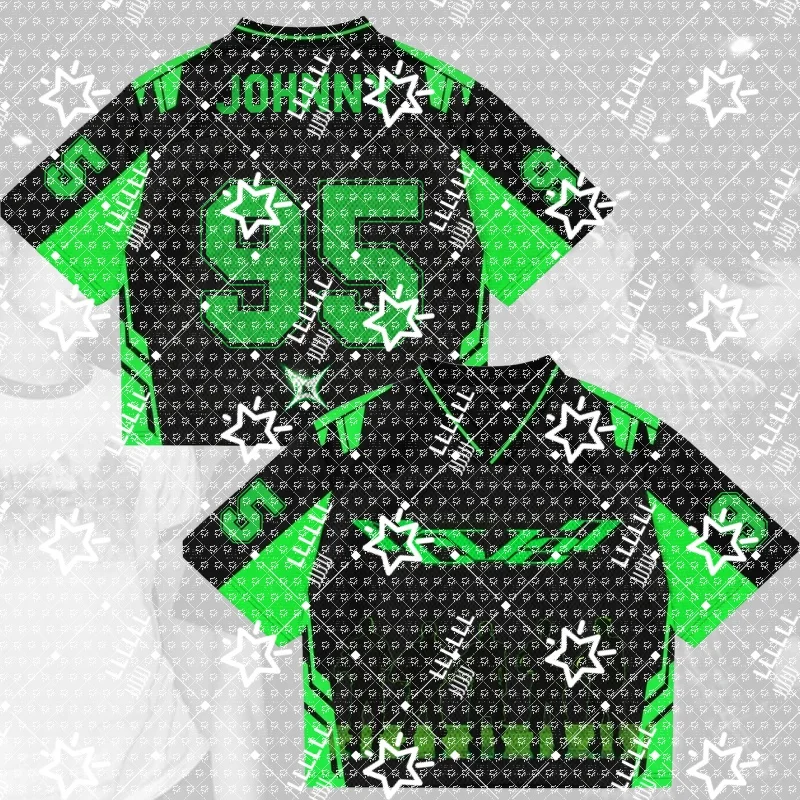 Women K-Pop Cropped Football Jersey Black Neon Green Color Block Number 07 V-Neck Short Sleeve Crop Top Fan Streetwear
