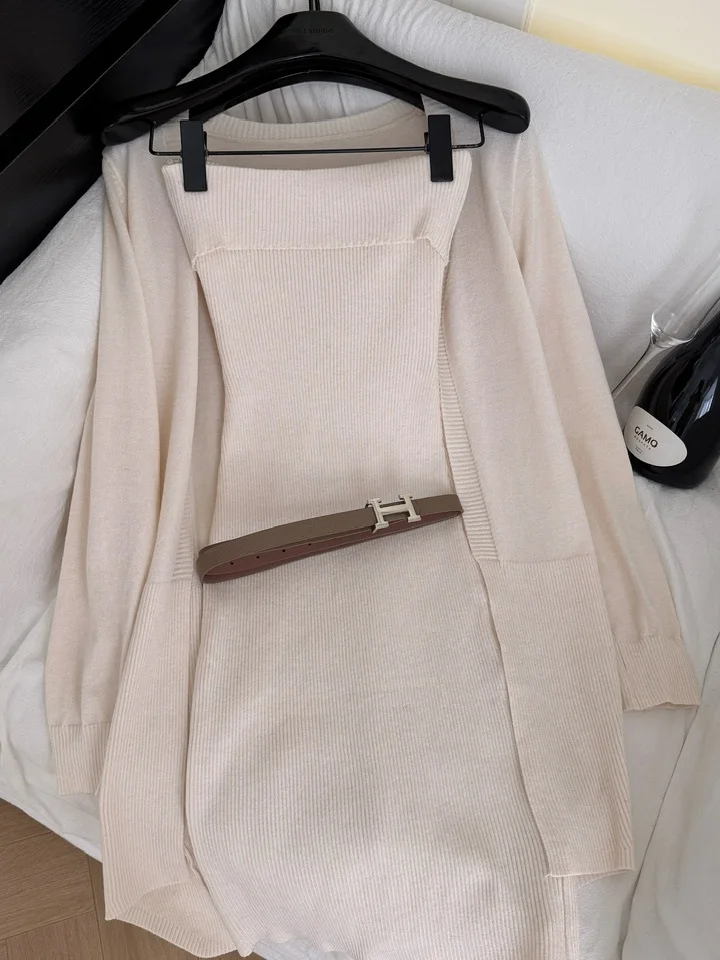 Sli Langes Strickjacke- und Röhrenoberteil Dr Zweiteiliges Set mit Gürtel Hohe Taille Französische Sle-Farbe Herbstfaion