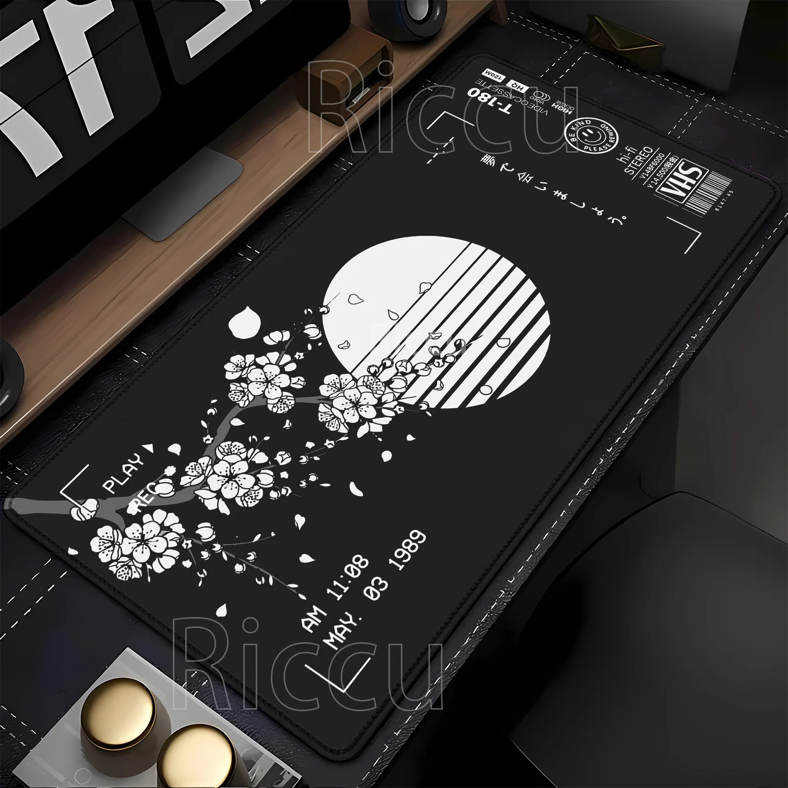Mousepad estilo vhs retrô, preto e branco, overlock, para teclado de computador, acessórios para jogos, escritório, tapete grande para mesa