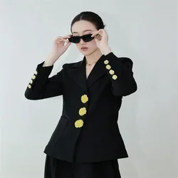 2024 New Fashion Fall Winter Office Womens Full Sleeve Big Gold Metal Button Pockets Casual Black Blazer Outerwear Coat