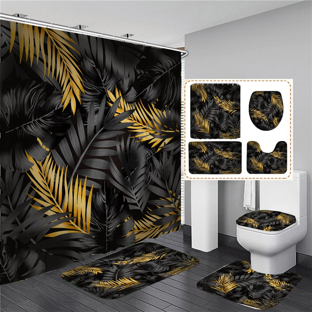 Black and Gold Tropical Plant Palm Leaf Bathroom Shower Curtain Set for Bathtub Exotic Leaves Bath Mats Rugs Toilet Home Decor