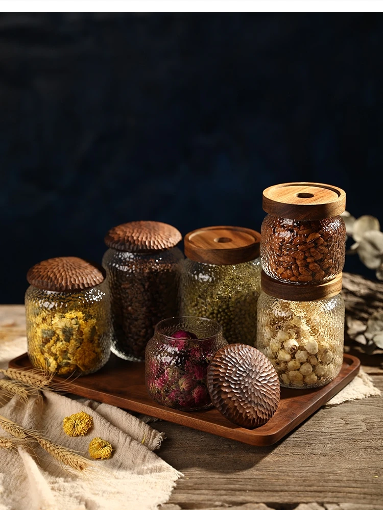 Acacia wooden lid glass multigrain storage bottle household strong sealed can tea jars