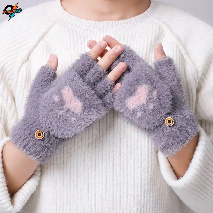 

1 Pair Cartoon Cat Paw Gloves Fingerless Flip Mittens Winter Warm Touch Screen Flip Knit For Women Girls Driving