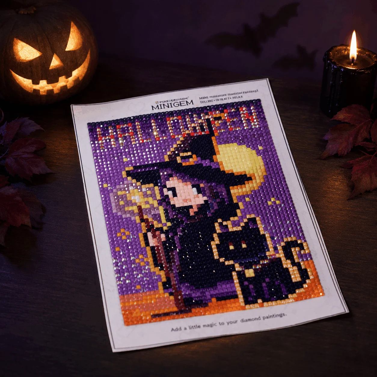 6‑in‑one Cute Spooky Halloween Pixel‑art Diamond Painting Set. Full Square Resin Drills with Shimmer AB Diamonds.